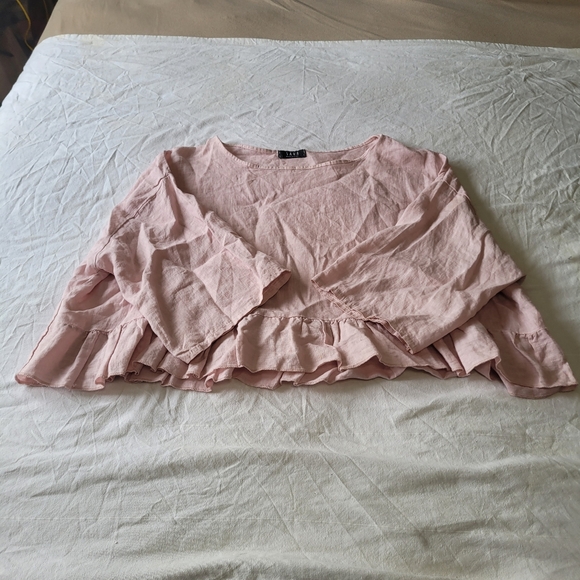 Saga Linen Cropped Tunic Blouse Womens One Size Soft Pink Lagenlook Ruffle Hem - Picture 2 of 8